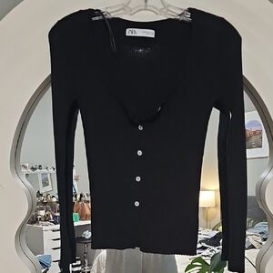 Zara Black Ribbed Button-Up Women's Top